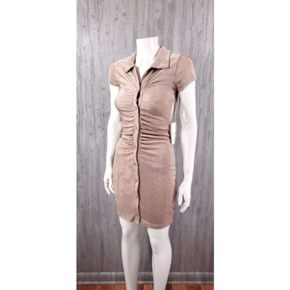 Ruched Slinky Andy Metallic Taupe Button Down Shirt Mini Dress With Jean - Picture 3 of 8